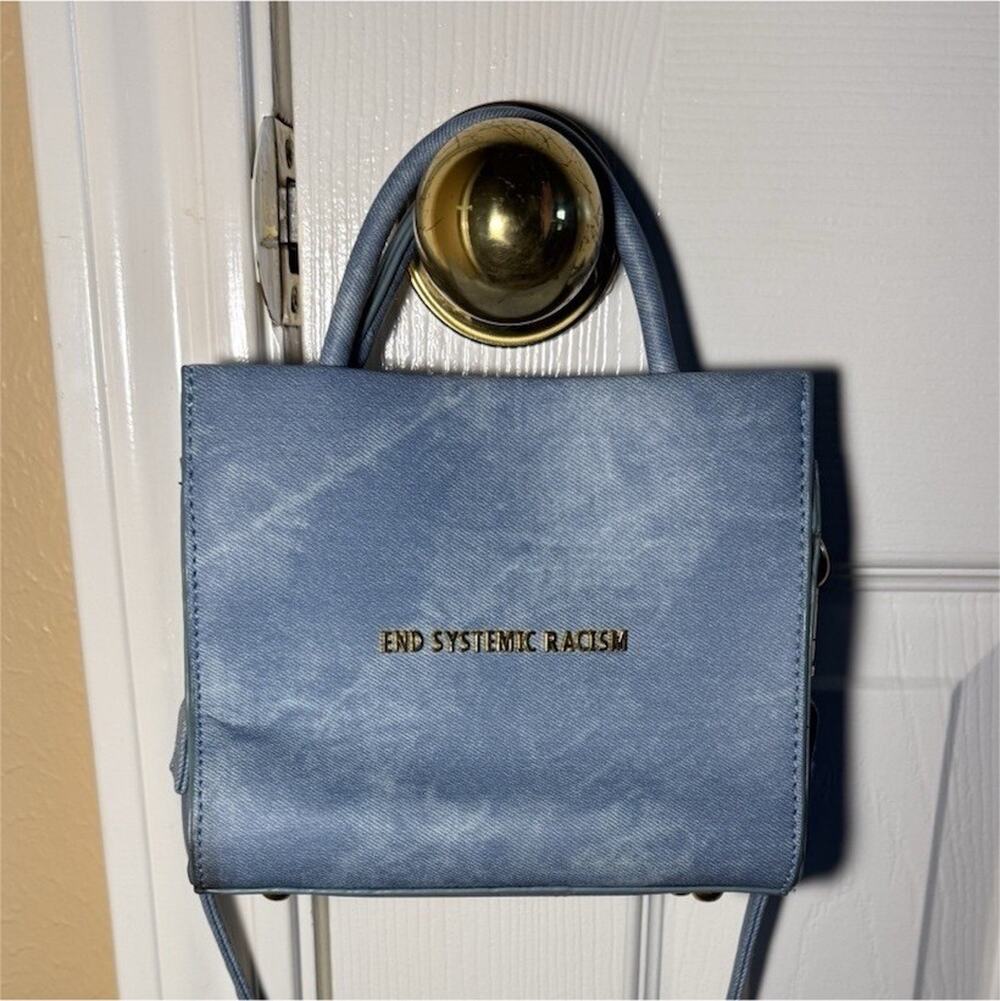Brandon Blackwood End Systemic Racism Light Blue Satchel Gold Hardware Dust Bag